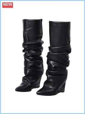 Slouched Ruched Fold Over Knee High Boots Wide Calf Pointed Toe Wedge Heel
